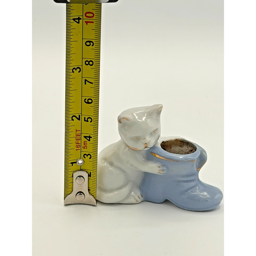 Vintage PAC Japan Ceramic Cat & Blue Boot Mini Planter Figurine Gold Trim - Picture 7 of 7
